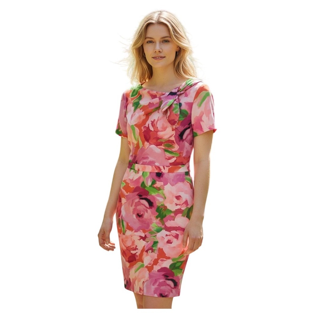 London Times Sheath Dress Womens 6 Pink Floral NWT Bow Neck Short Sleeve